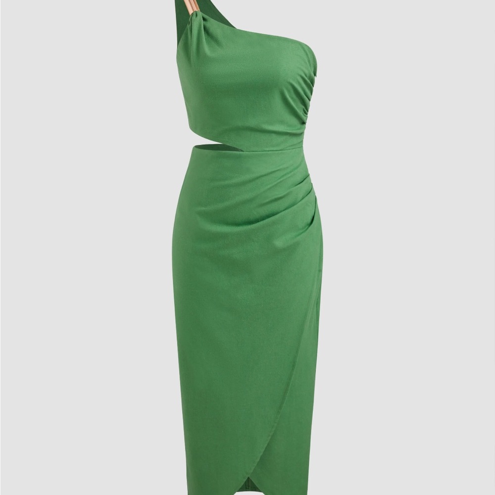 Cider Green Asymmetrical One-Shoulder Linen Dress